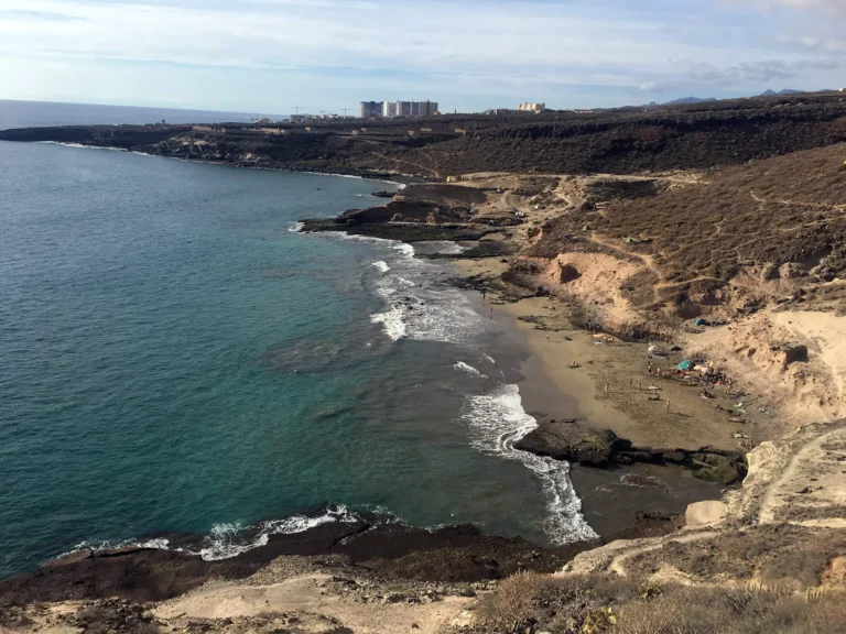 The rocky formation divides Playa Diego Hernandez - with the lower section having more nudists